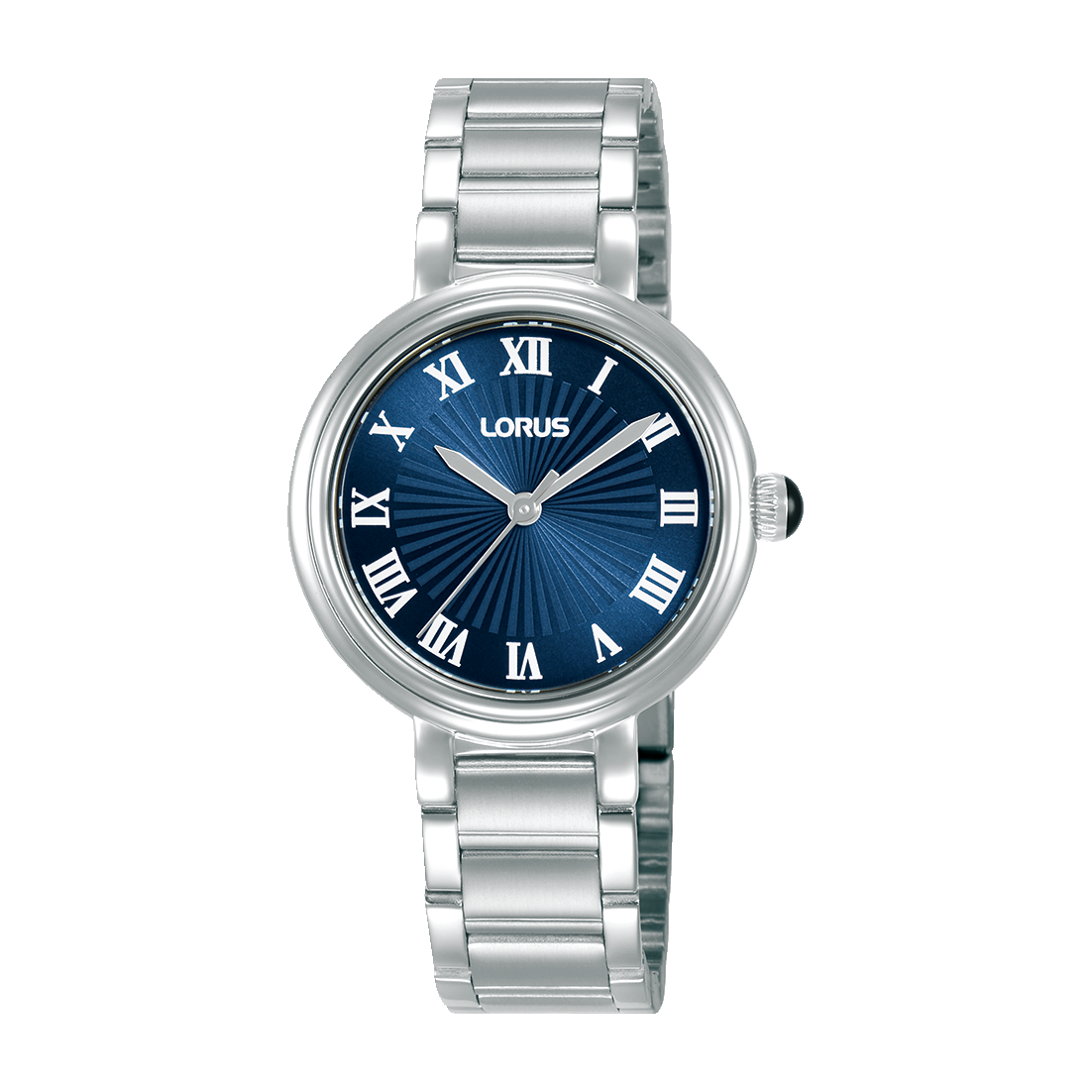 Lorus Damenarmbanduhr mit blauem Zifferblatt, römischen Zahlen und Edelstahlarmband