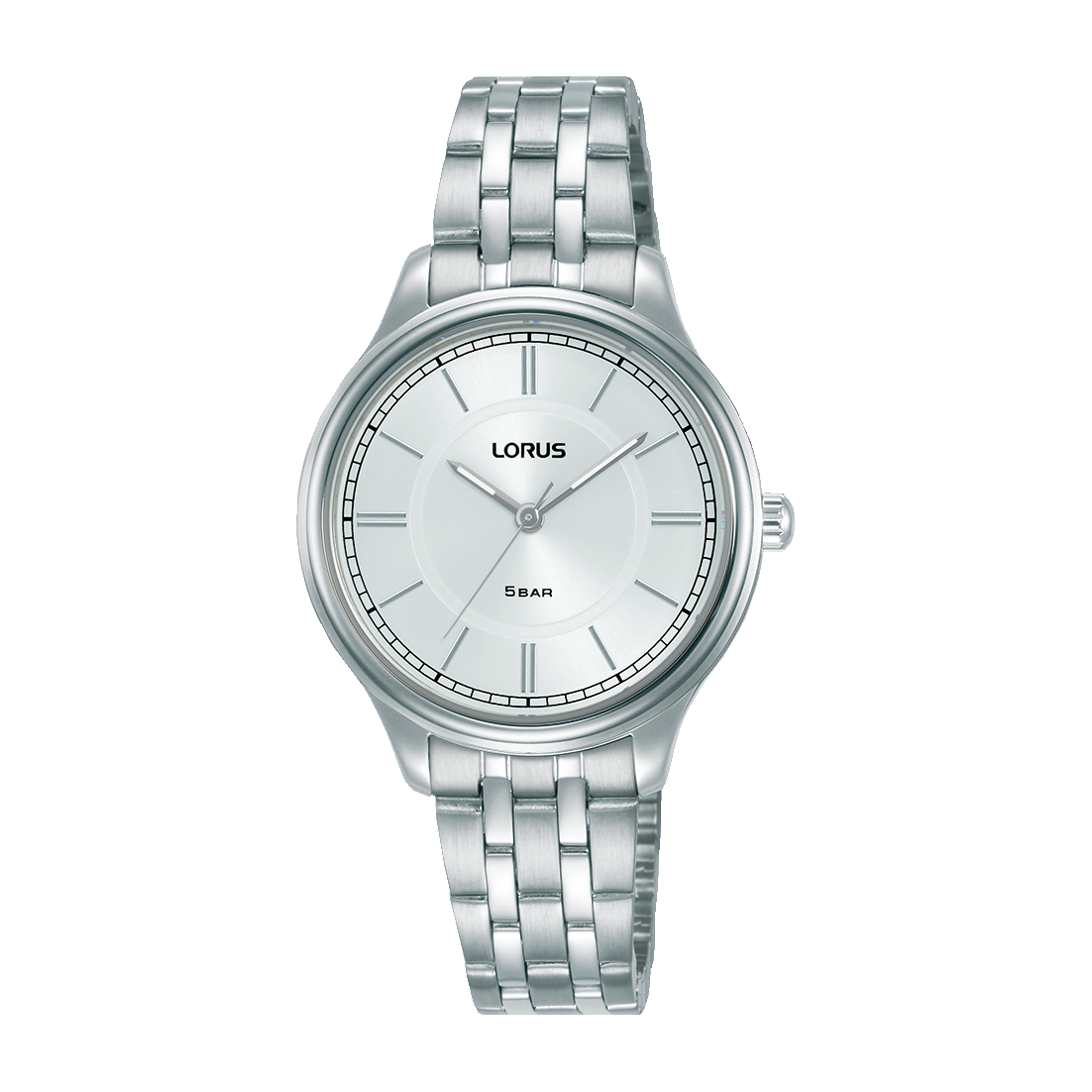 Lorus Classic Damenarmbanduhr mit silbernem Edelstahlband und weißem Zifferblatt, 5 BAR