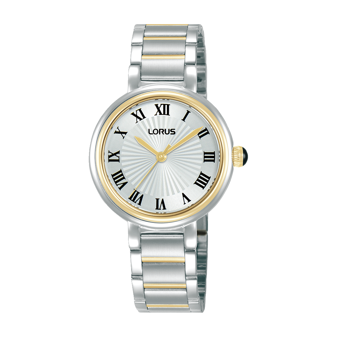 Damenarmbanduhr von Lorus mit silbernem Edelstahlband, goldenen Akzenten und weißem Zifferblatt