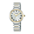 Damenarmbanduhr von Lorus mit silbernem Edelstahlband, goldenen Akzenten und weißem Zifferblatt