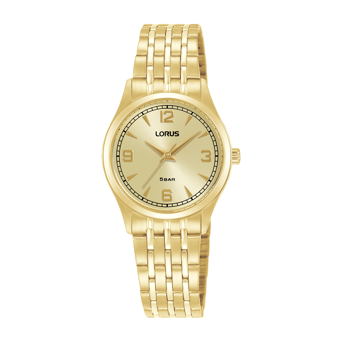 Lorus Damenuhr mit goldfarbenem Metallarmband, beigem Zifferblatt und Mineralglas