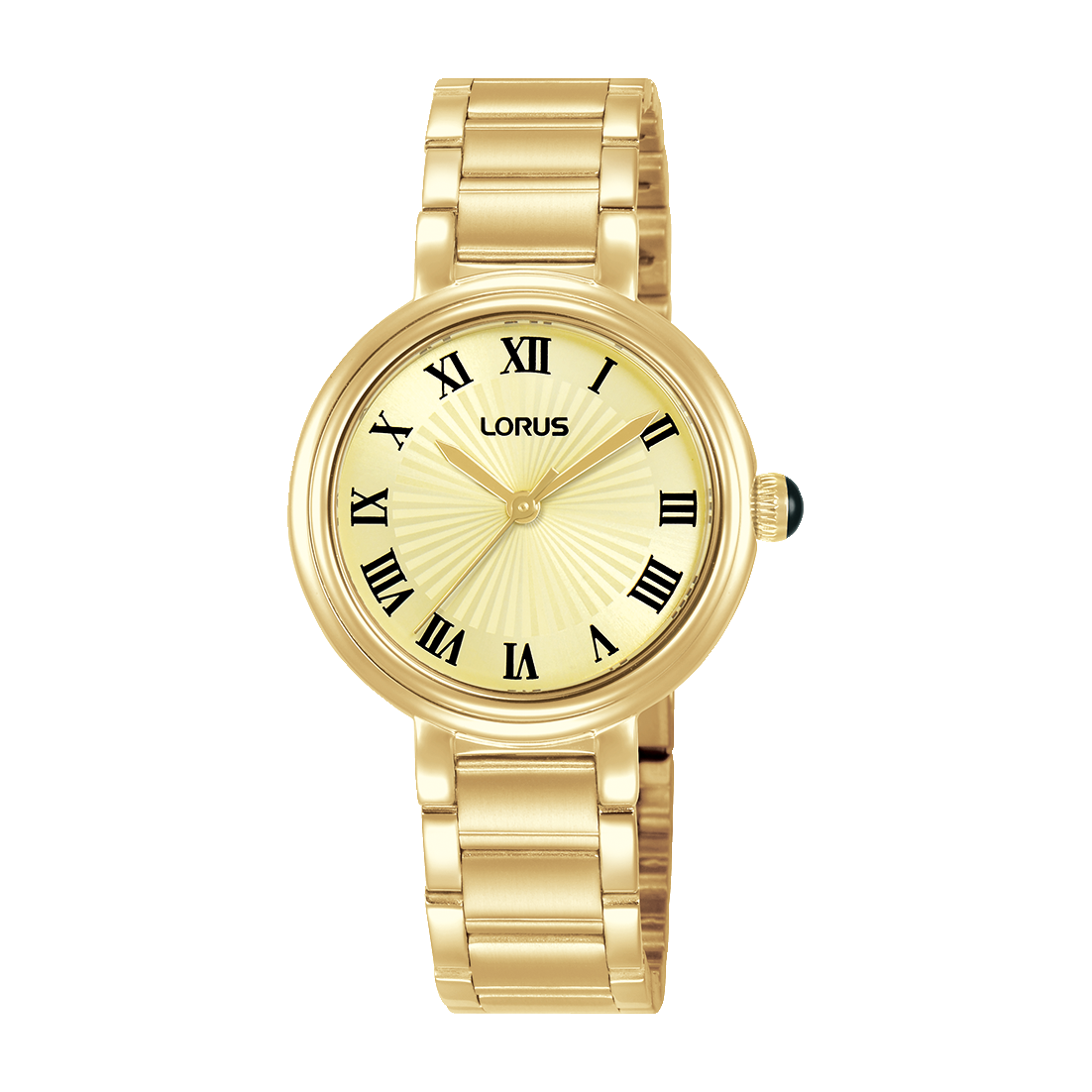 Lorus Damenuhr mit goldfarbenem Edelstahlband, rundem Ziffernblatt mit römischen Zahlen
