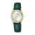 Lorus Damenuhr mit weißem Zifferblatt, goldfarbener Lünette und dunkelgrünem Lederarmband, Mineralglas