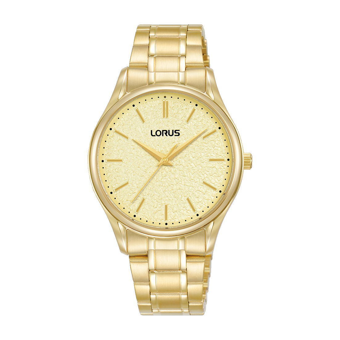 Lorus Damenuhr mit champagnerfarbenem Edelstahlarmband und rundem Zifferblatt mit Indexen