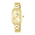 Goldfarbene Damenuhr mit Metallband und ovalem Zifferblatt, römischen Zahlen und Quarzwerk