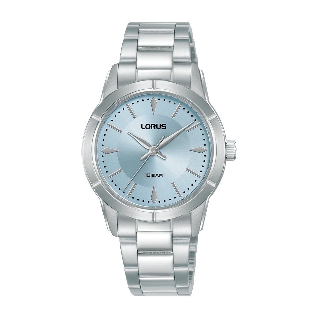 Lorus Damenarmbanduhr mit hellblauem Zifferblatt, Edelstahlband und Mineralglas, rund