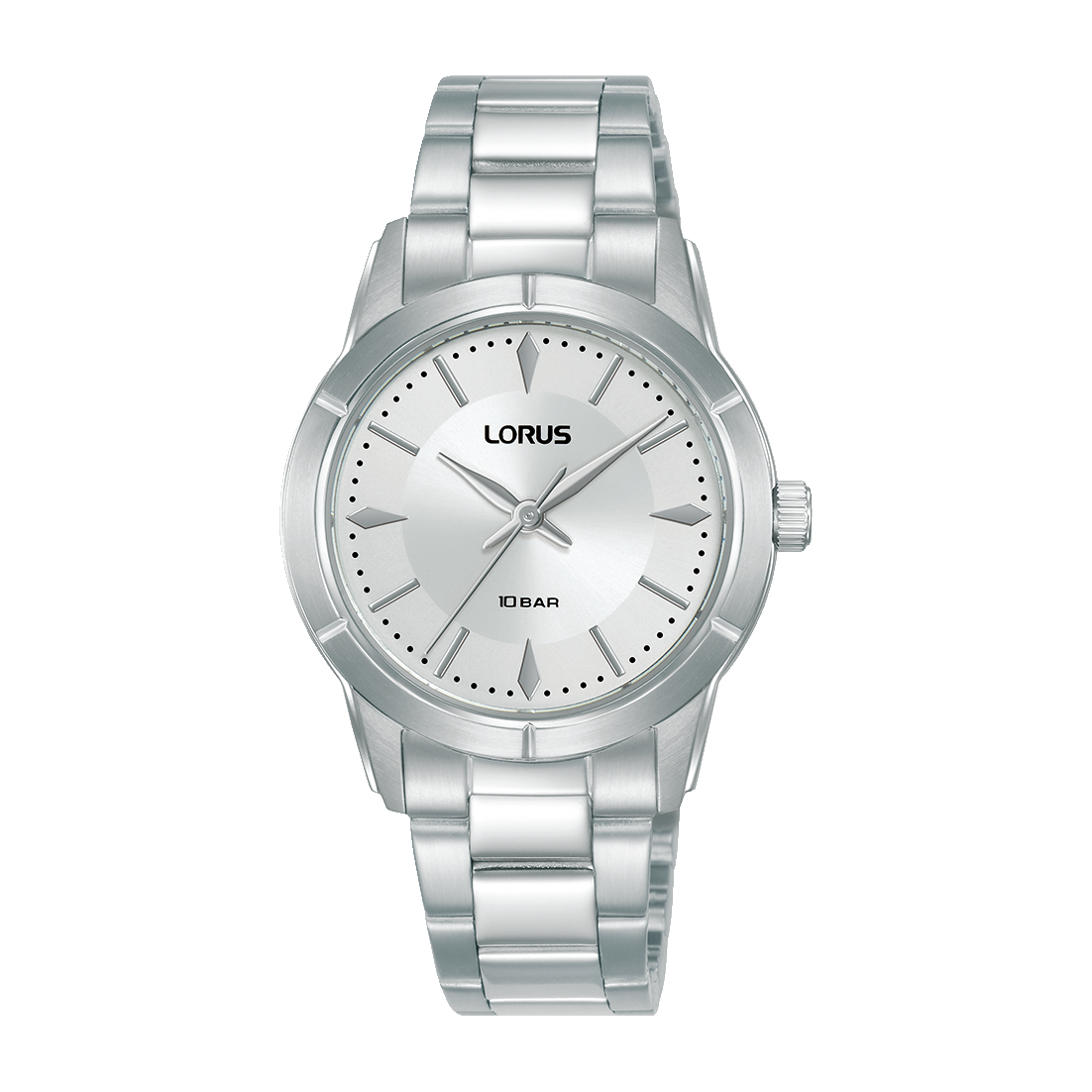 Lorus Damenarmbanduhr mit silbernem Edelstahlband und weißem Zifferblatt, 10 BAR