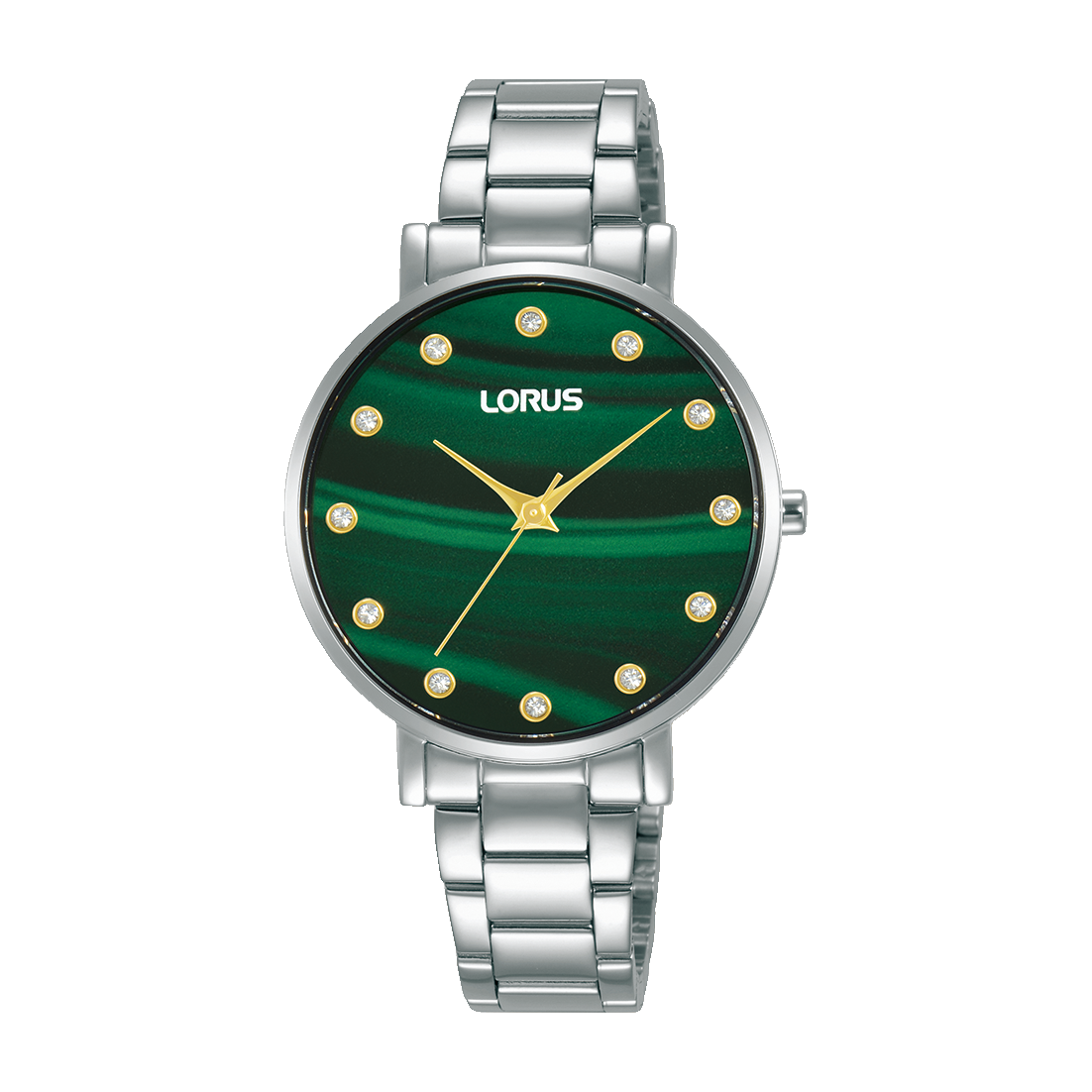 Lorus Damen-Armbanduhr mit dunkelgrünem Zifferblatt, Markierungen und silbernem Edelstahlarmband.