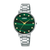 Lorus Damen-Armbanduhr mit dunkelgrünem Zifferblatt, Markierungen und silbernem Edelstahlarmband.