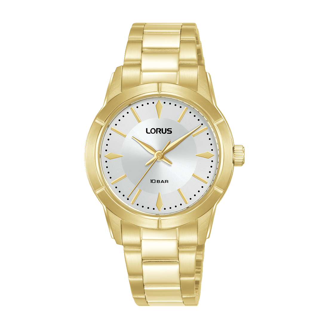 Lorus Damenuhr mit goldfarbenem Armband und weißem Zifferblatt, Zeigern