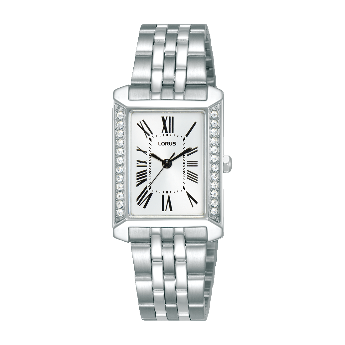 Damenarmbanduhr mit silbernem Metallarmband, rechteckigem Gehäuse und weißem Zifferblatt