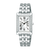 Damenarmbanduhr mit silbernem Metallarmband, rechteckigem Gehäuse und weißem Zifferblatt