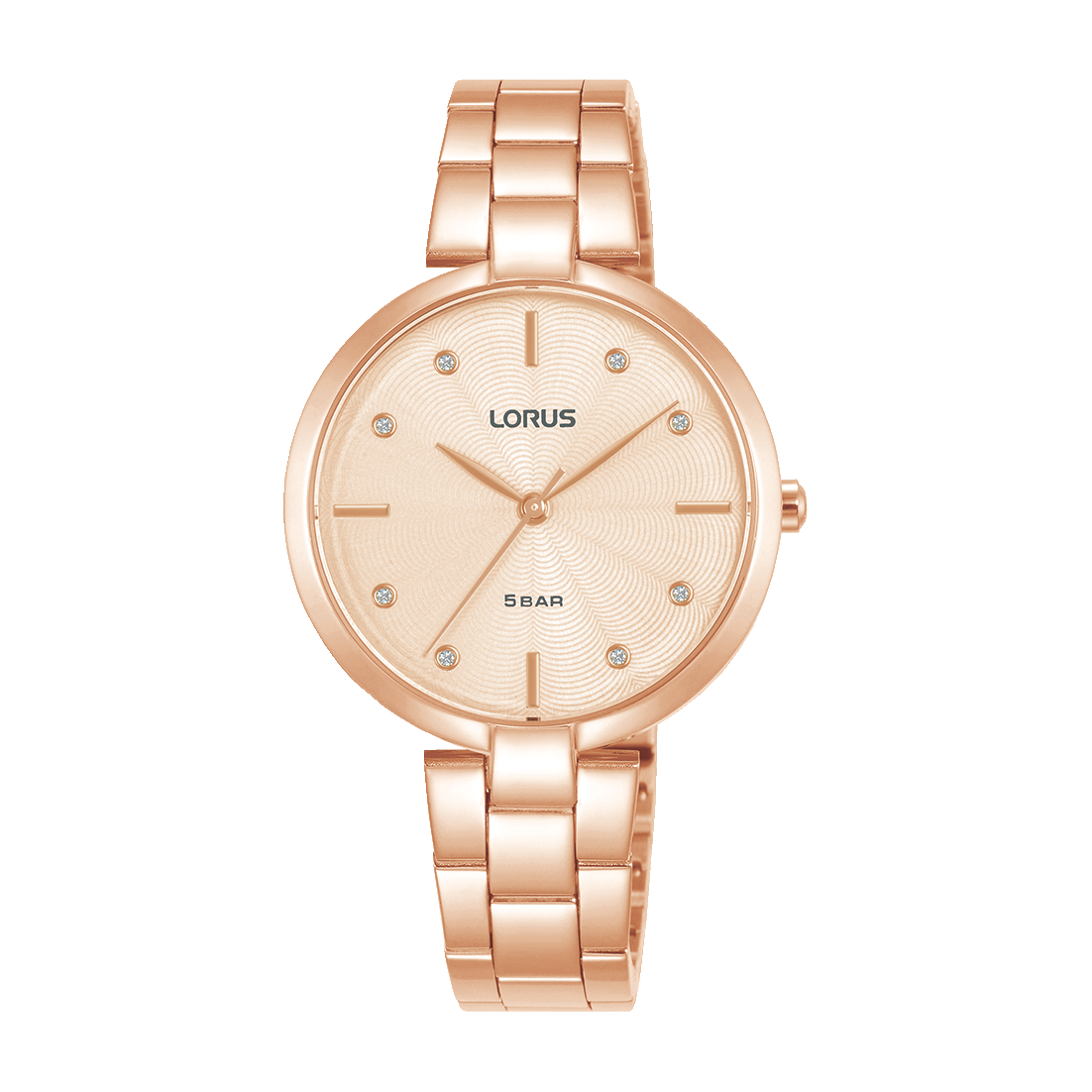 Damenuhr Lorus mit roségoldfarbenem Armband und rundem Zifferblatt, Strichindizes