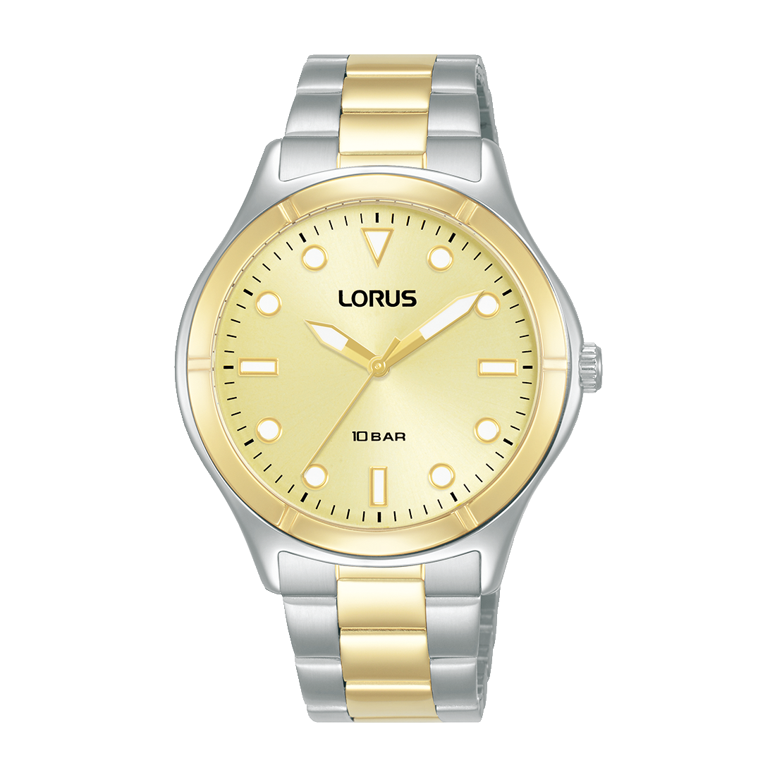 Lorus Sport-Damenuhr mit champagnerfarbenem Zifferblatt, Mineralglas und zweifarbigem Metallband