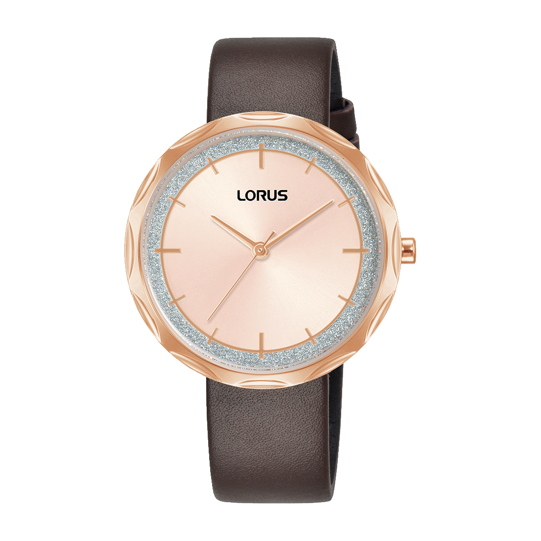 Lorus Damenuhr mit Mineralglas, roségoldener Lünette und braunem Lederarmband