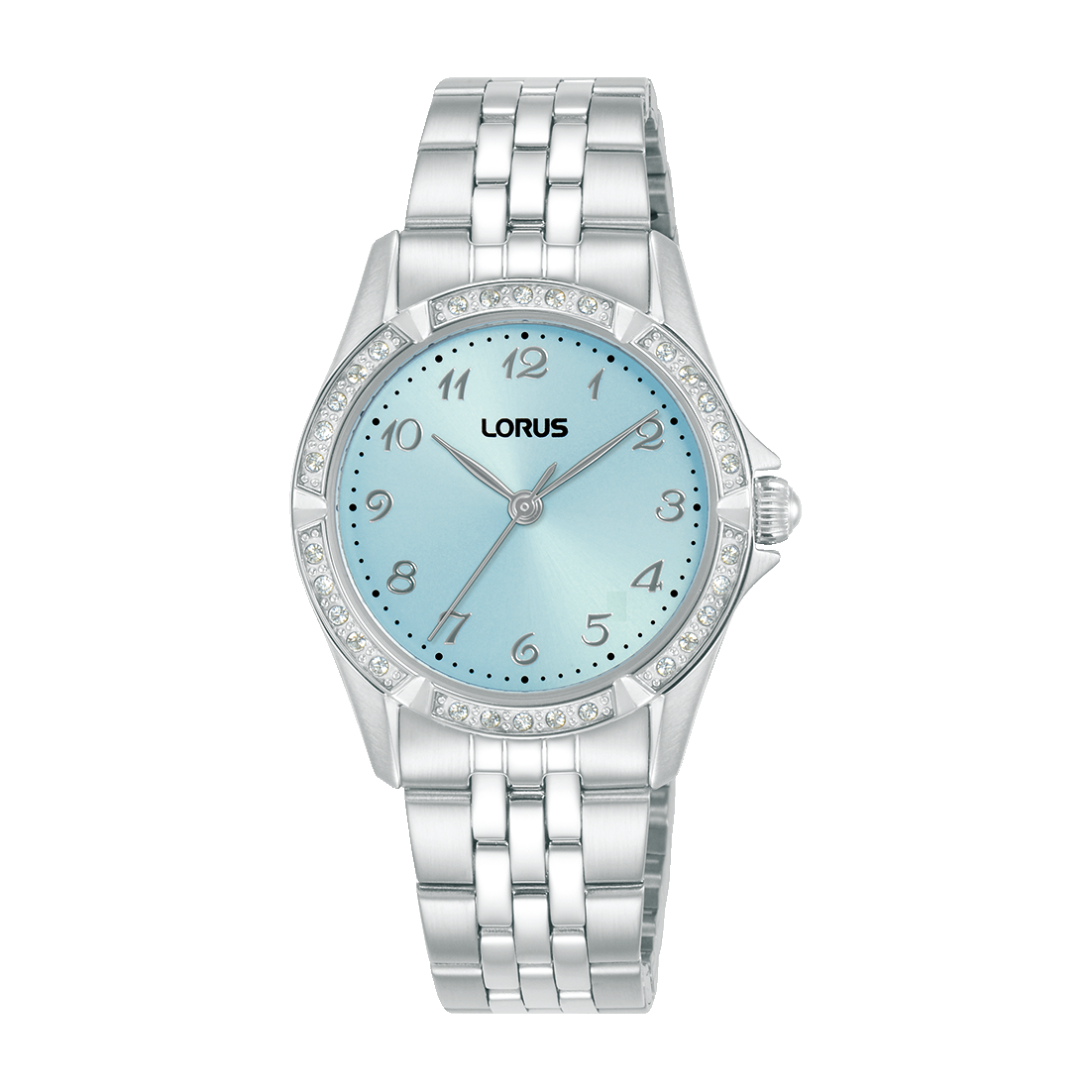 Lorus Damenarmbanduhr mit blauem Zifferblatt, Strasslünette und silbernem Metallband