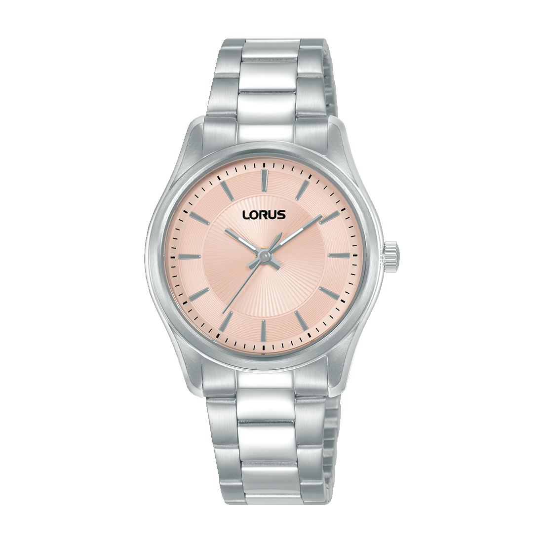 Lorus Damenarmbanduhr mit silbernem Metallband und rosafarbenem Zifferblatt