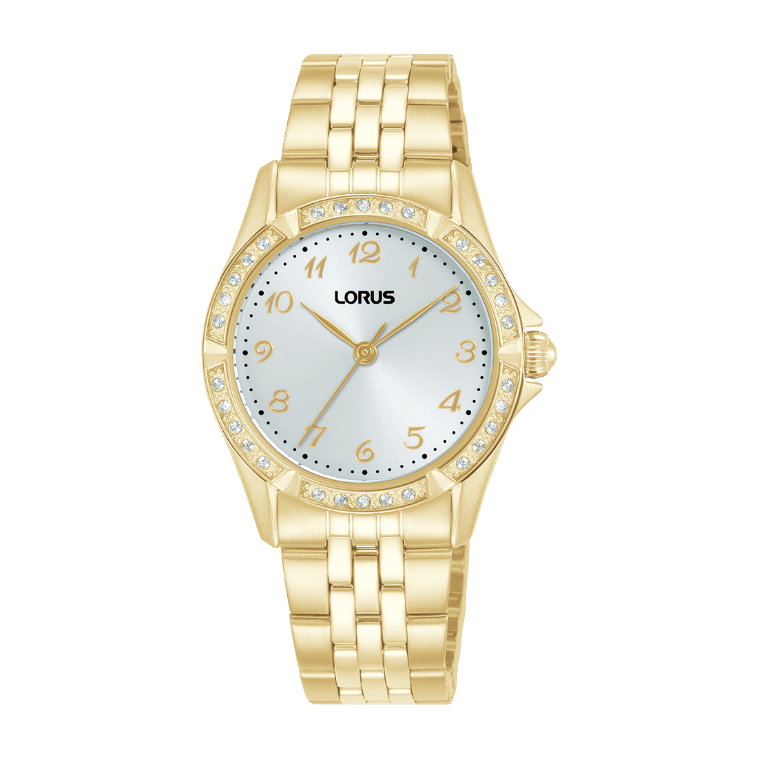 Goldfarbene Damenuhr mit Metallarmband, rundem Zifferblatt und Strass-Lünette