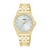 Goldfarbene Damenuhr mit Metallarmband, rundem Zifferblatt und Strass-Lünette
