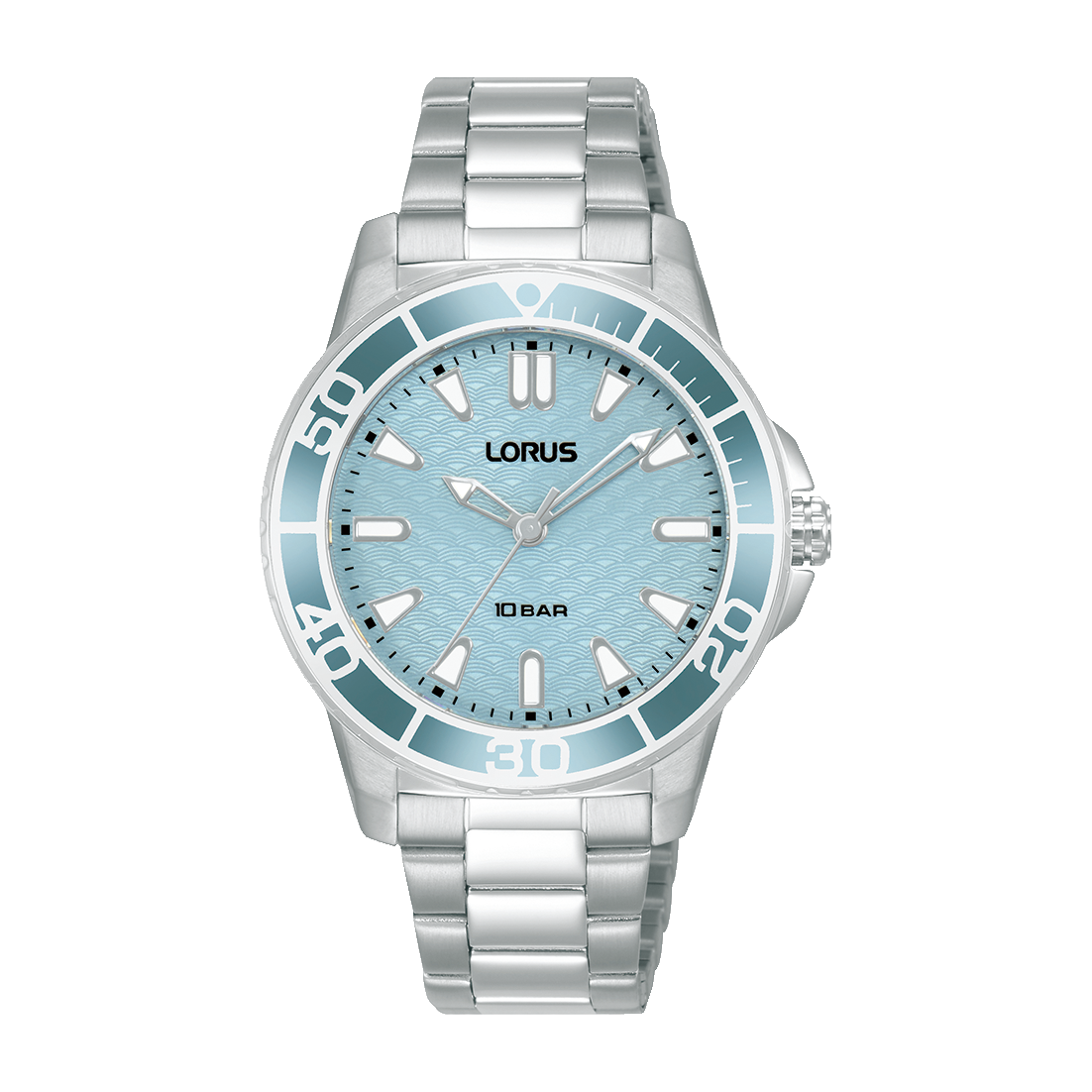 Sportuhr für Damen mit hellblauem Zifferblatt, Stahllünette und Metallarmband
