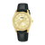 Damenarmbanduhr Lorus mit rundem Goldgehäuse, schwarzem Lederarmband und analogem Zifferblatt