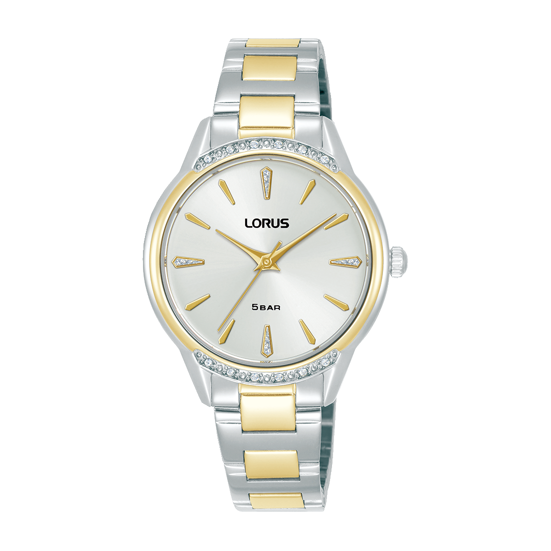 Lorus Damenarmbanduhr mit goldfarbenen Akzenten, Zifferblatt weiß, Edelstahlband