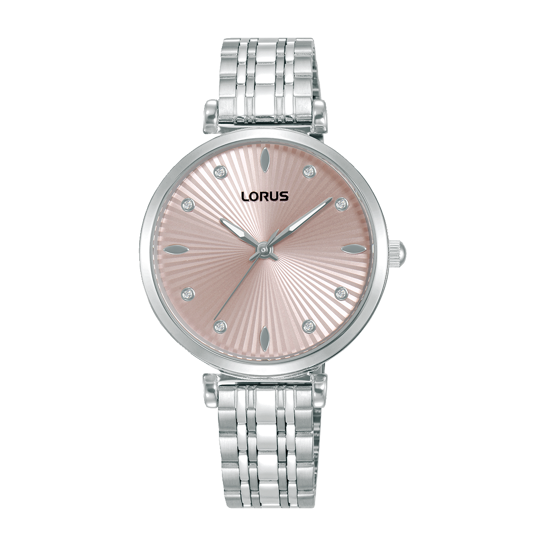 Lorus Damenuhr: rosafarbenes Zifferblatt, rundes Mineralglas, silbernes Edelstahlarmband.