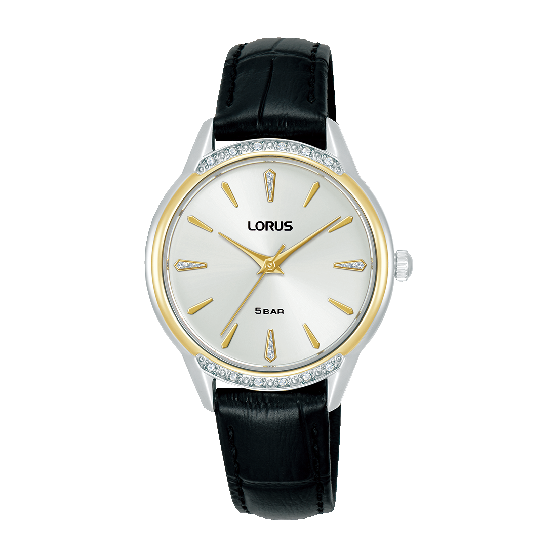 Lorus Damenarmbanduhr mit weißem Zifferblatt, goldenen Markierungen, schwarzem Lederband