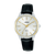 Lorus Damenarmbanduhr mit weißem Zifferblatt, goldenen Markierungen, schwarzem Lederband