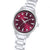 Damenuhr mit dunkelrotem Zifferblatt, silbernen Indexen und Metallarmband