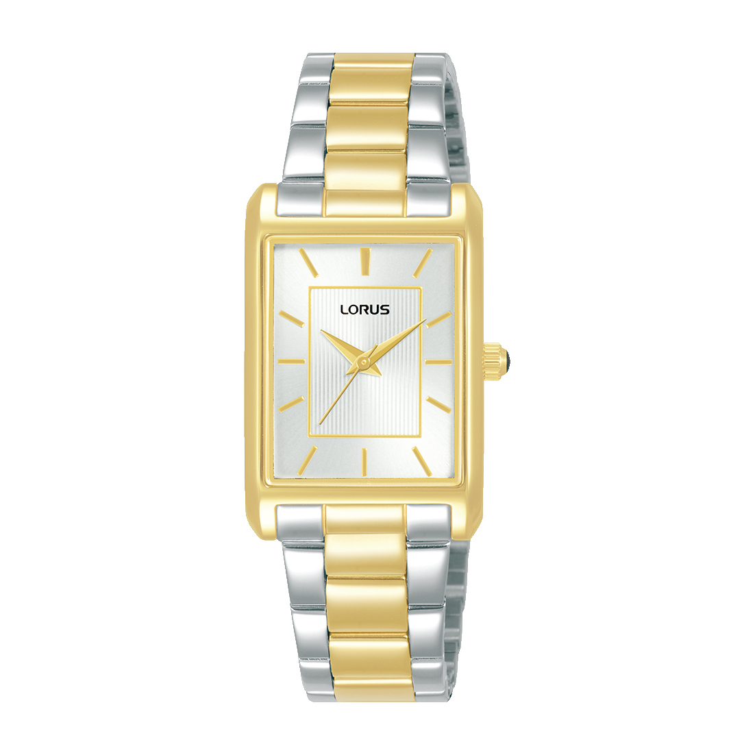 Lorus Damenarmbanduhr mit rechteckigem Zifferblatt und zweifarbigem Edelstahlarmband, Mineralglas