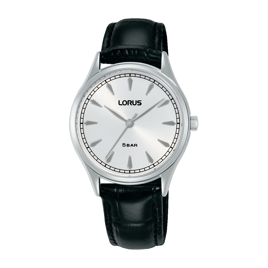 Damen-Armbanduhr mit rundem silbernem Gehäuse, weißem Zifferblatt und schwarzem Lederband
