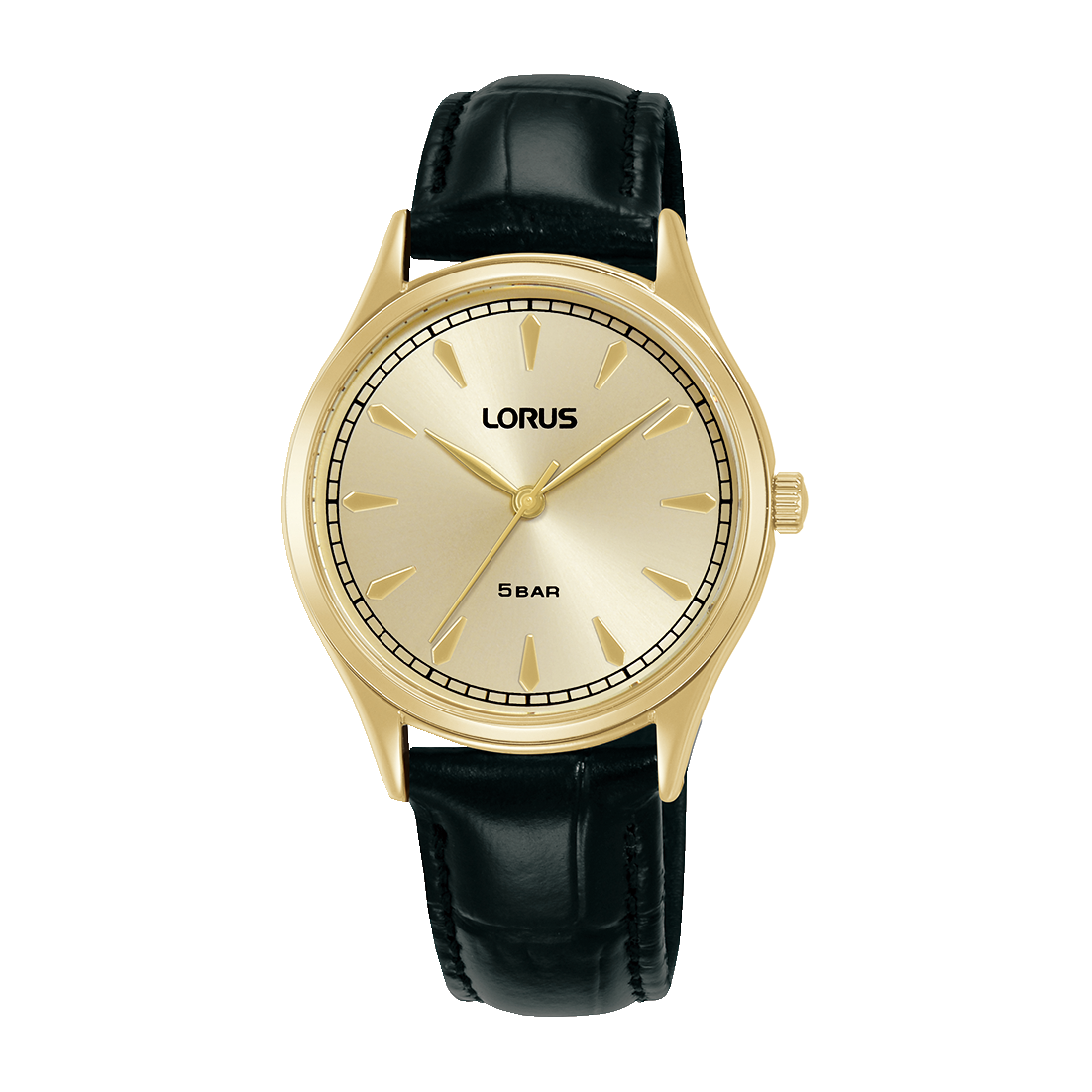 Lorus Classic Damen-Armbanduhr mit schwarzem Lederarmband, goldfarbener Lünette und beigem Zifferblatt
