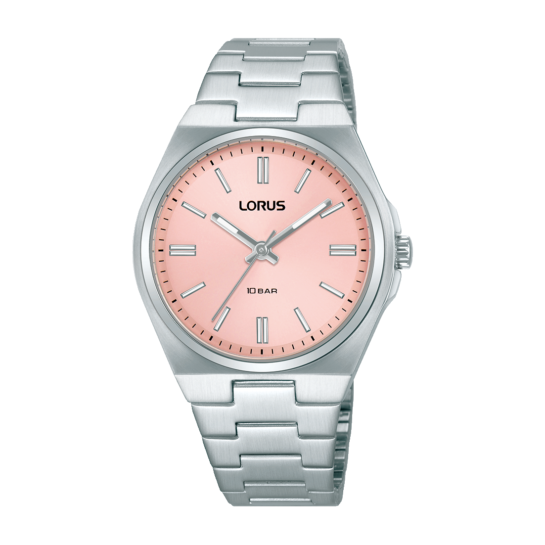 Lorus Damenuhr mit rosa Zifferblatt, Edelstahlarmband und schlankem Gehäuse