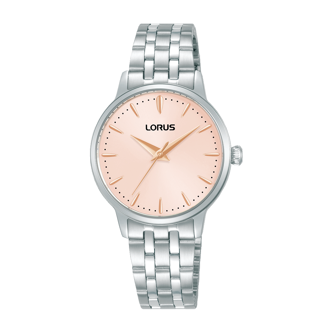 Lorus Damenuhr mit rosa Zifferblatt und Edelstahlarmband, rundes Analoggehäuse