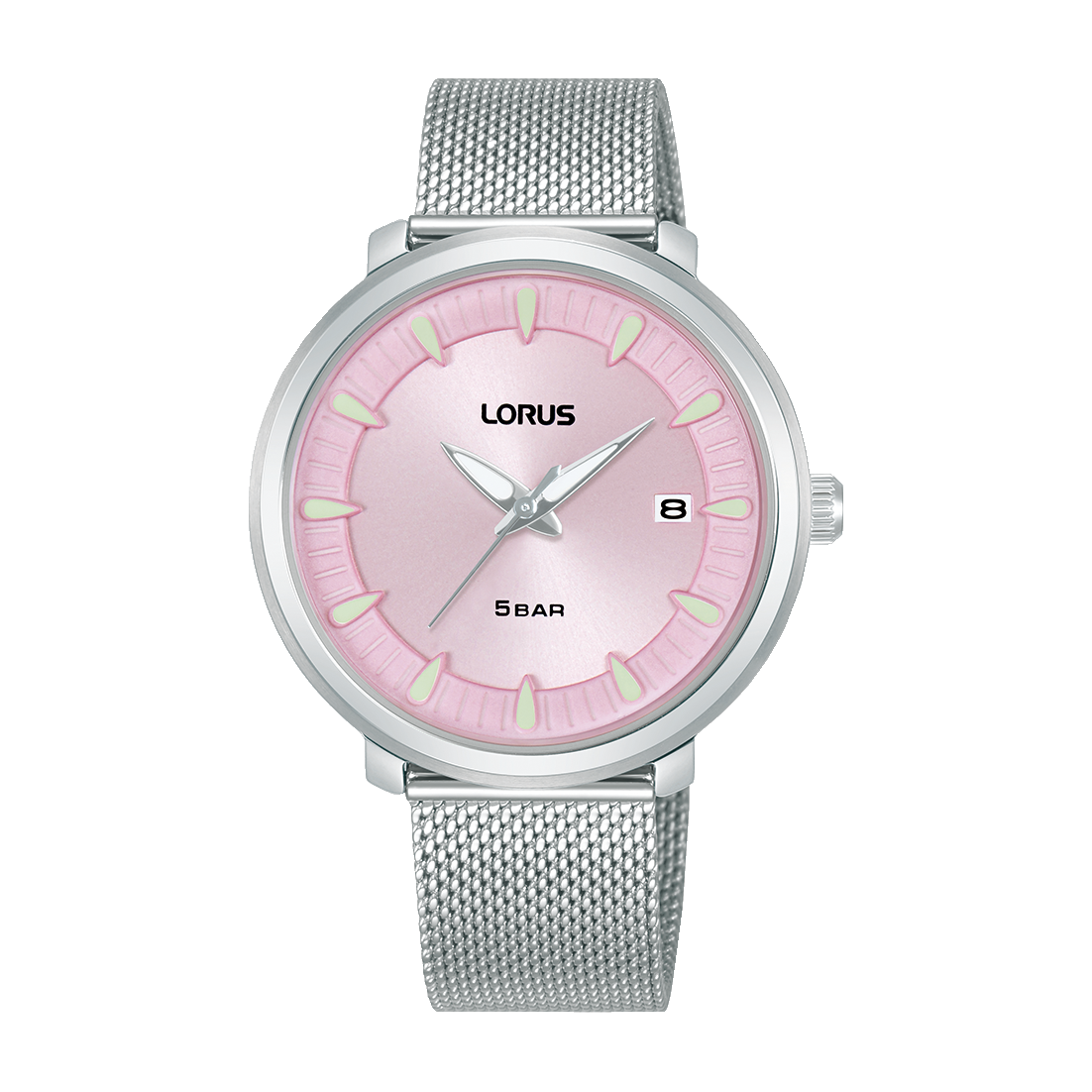 Lorus Damenuhr: rosa Zifferblatt, Edelstahl-Mesharmband, Mineralglas