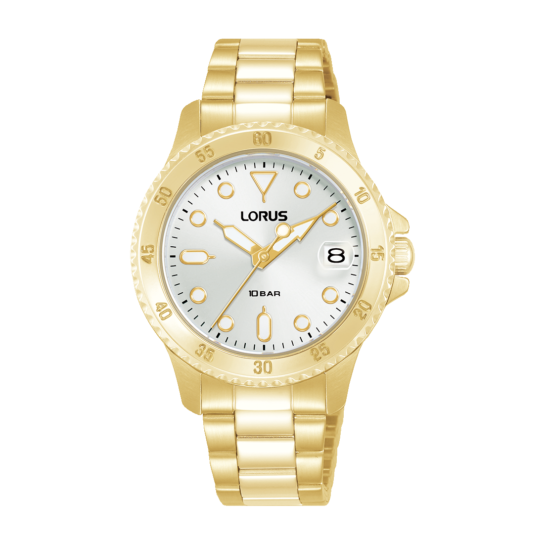 Goldfarbene Damenarmbanduhr von LORUS mit weißem Zifferblatt und Datumsanzeige