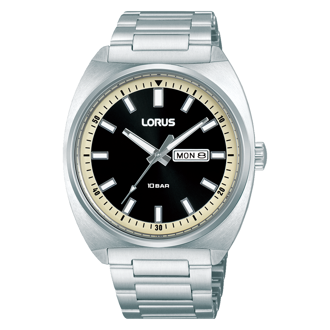 Lorus Herrenarmanduhr mit silbernem Edelstahlband, schwarzem Zifferblatt und Datums-/Wochentagsfenster