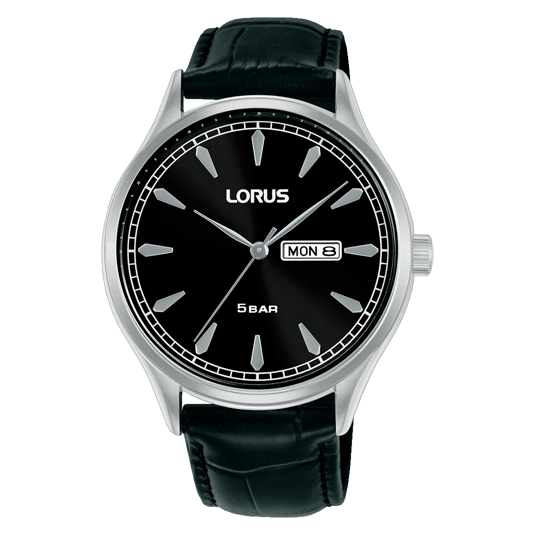 Herrenarmbanduhr Lorus mit schwarzem Lederband und schwarzem Zifferblatt, Analog, Datumsanzeige