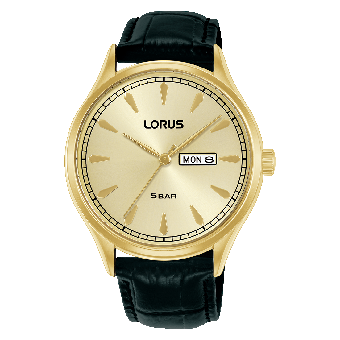 Herren-Armbanduhr Lorus mit dunkelgrünem Lederband, goldenem Gehäuse und Datumsanzeige
