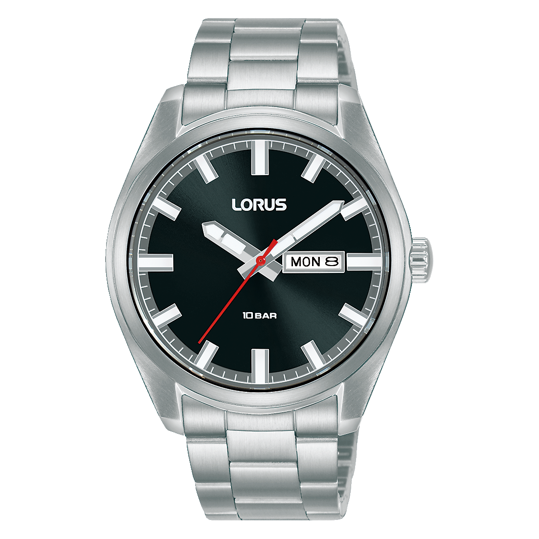 Lorus-Sport-Herrenuhr mit Edelstahlband, schwarzem Zifferblatt und Datumsanzeige