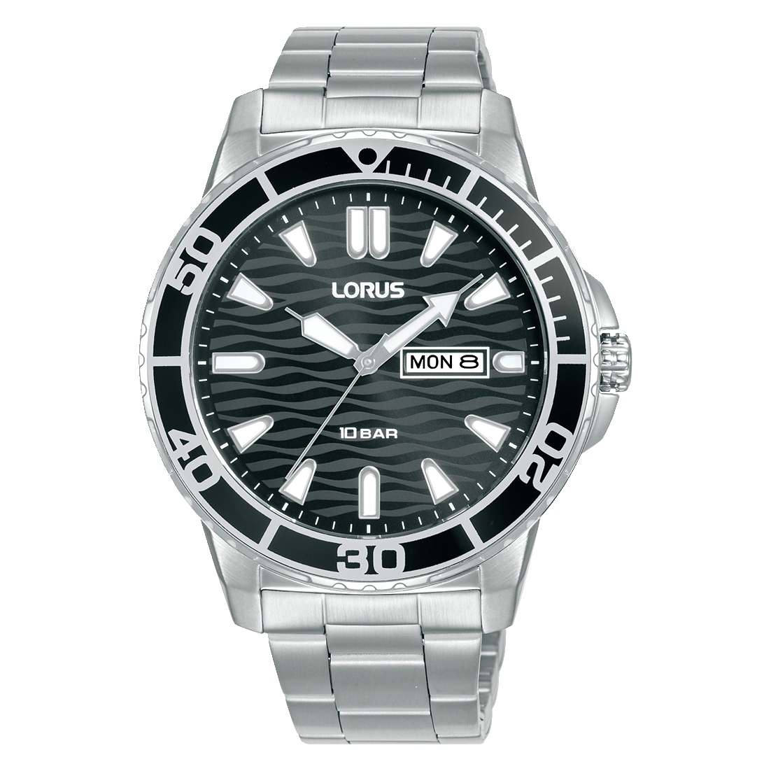 Herrenuhr mit schwarzem Zifferblatt, Tages-/Datumsanzeige und Edelstahlband