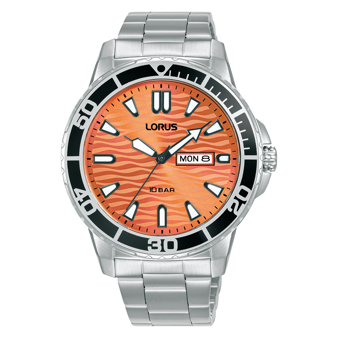Lorus Sport Herrenuhr mit orangefarbenem Zifferblatt, Metallarmband und schwarzer Lünette