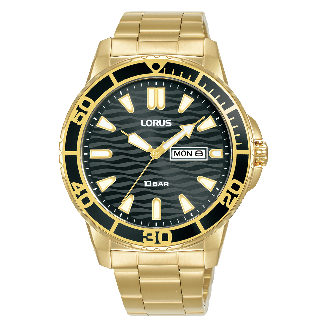 Lorus Herrenuhr mit goldfarbenem Edelstahlband, schwarzem Zifferblatt, Datumsanzeige und 10BAR