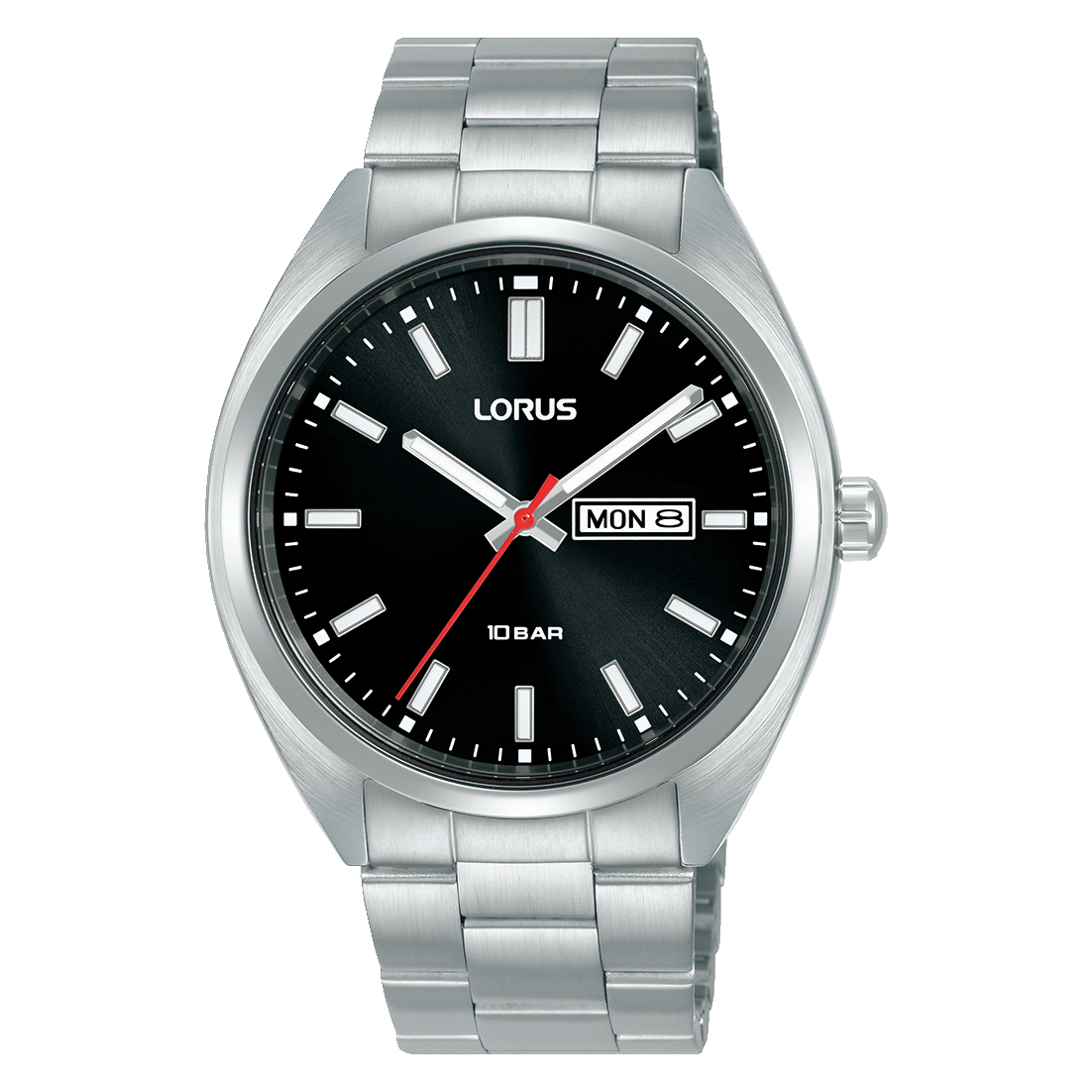 Lorus Herrenarmbanduhr: schwarzes Zifferblatt, Stahlband, Datumsanzeige „MON 8“