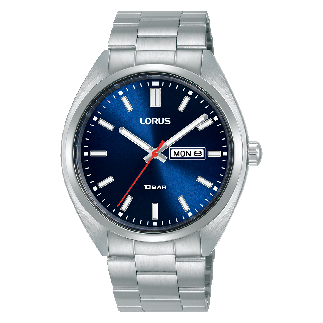 Lorus Herrenarmbanduhr mit silbernem Metallband, dunkelblauem Zifferblatt und Datumsanzeige