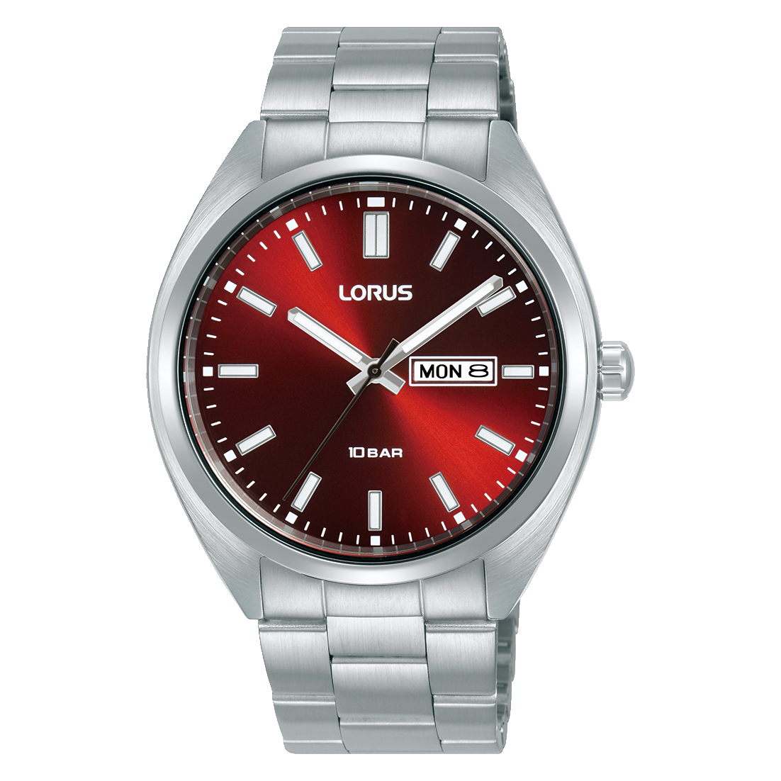 Lorus Herrenarmbanduhr mit dunkelrotem Zifferblatt und Edelstahlband, Datumsanzeige