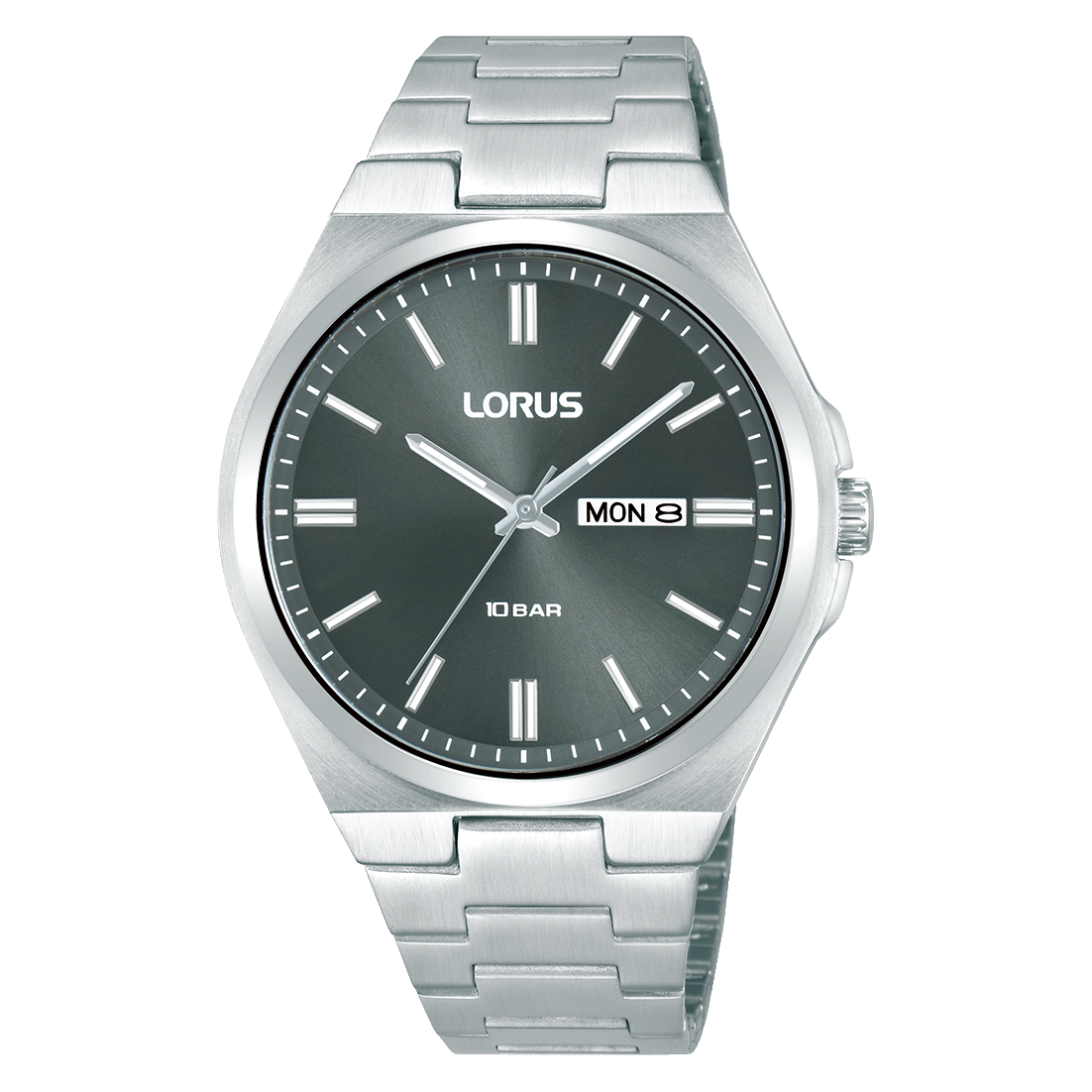 Herrenarmbanduhr von Lorus mit dunkelgrauem Zifferblatt, Edelstahlband und Datumsanzeige