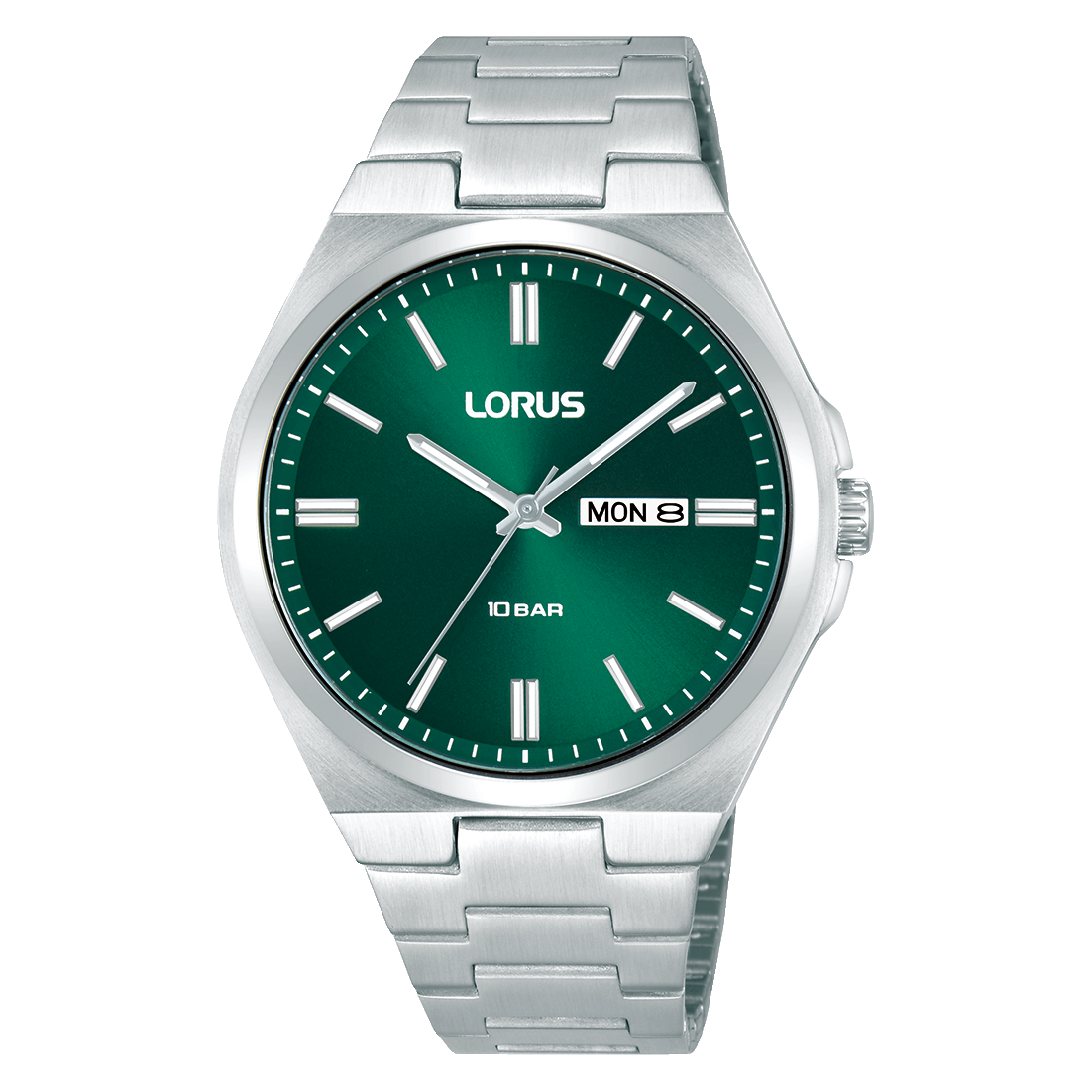 Lorus Herrenarmbanduhr mit dunkelgrünem Zifferblatt und Edelstahlarmband, Mineralglas