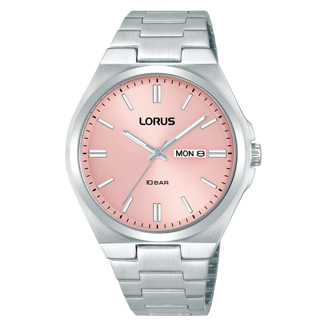 Herrenuhr mit rosafarbenem Zifferblatt, silbernem Metallarmband und Datumsanzeige „MON 8“.